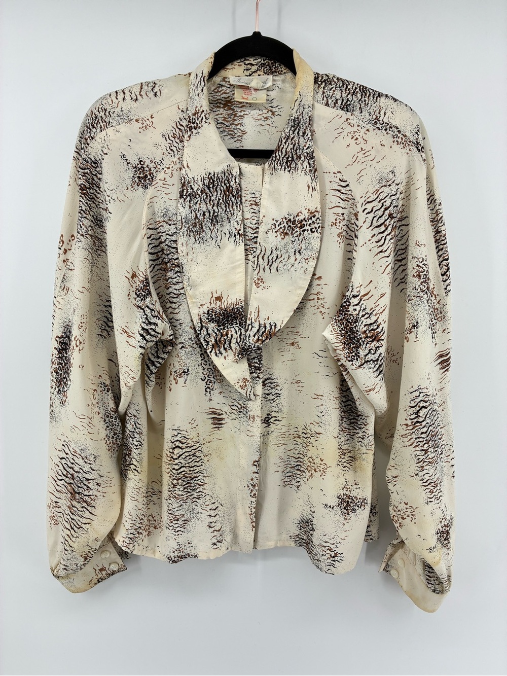 Vintage Cream Button-Down Blouse with Brown Abstract Print 100% Silk